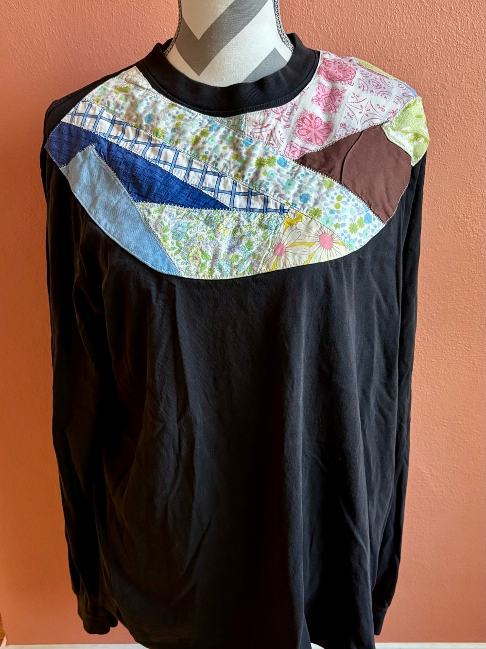 CARLEEN One of a Kind Patchwork Long Sleeve Top L Made in USA Upcycled Textile